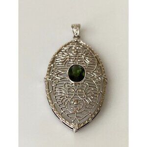 10k Solid White Gold Art Deco Style Filigree Glass Emerald Pendant